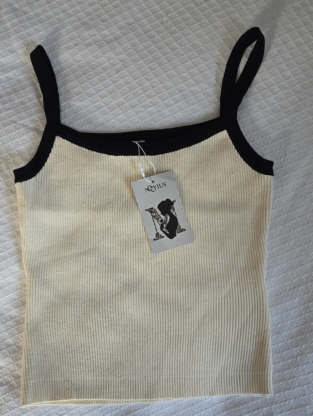 Moojius Contrast Trim Ribbed Knit Cami Tank Top Cream Black Size S